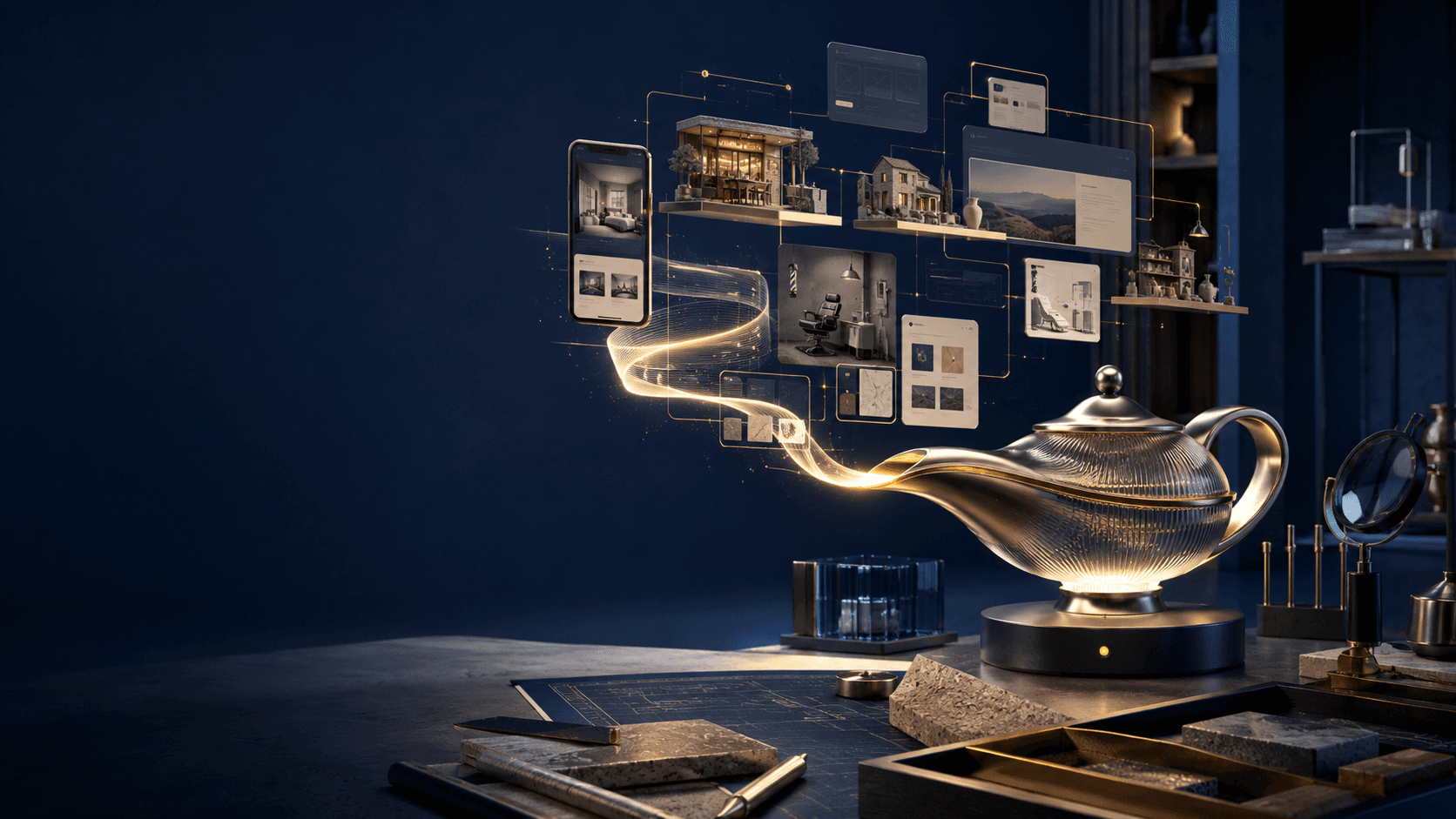 Atelier numérique où des sites web pour commerces locaux prennent vie autour d'une lampe dorée